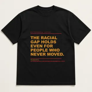 Front of a black tee reading "The racial gap holds even for people who never moved." with the Environmental Justice page address printed under it