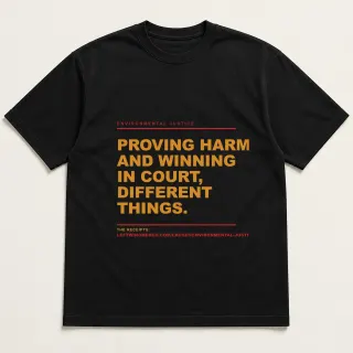Front of a black tee reading "Proving harm and winning in court, different things." with the Environmental Justice page address printed under it