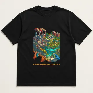 Front of a black tee with a four-color pixel-art design for Environmental Justice