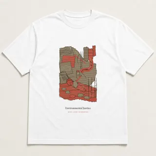 Front of a white tee carrying the unfinished hand Environmental Justice design