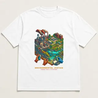 Front of a white tee with a four-color pixel-art design for Environmental Justice