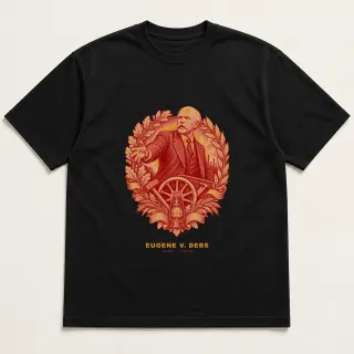 Front of a black tee with a two-color engraved design for Eugene V. Debs