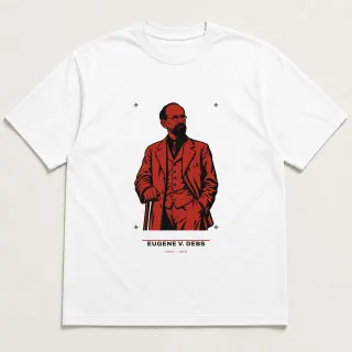 Front of a white tee carrying the utilitarian Eugene V. Debs design
