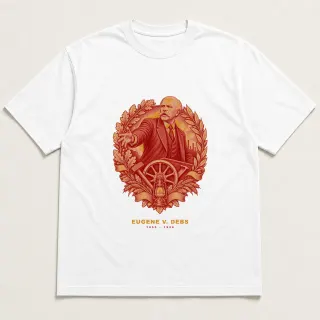 Front of a white tee with a two-color engraved design for Eugene V. Debs