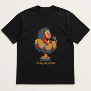 Front of a black tee with a four-color pixel-art design for Fannie Lou Hamer