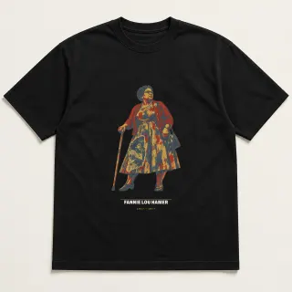 Front of a black tee carrying the mixed media Fannie Lou Hamer design