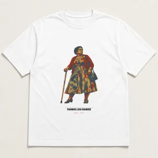 Front of a white tee carrying the mixed media Fannie Lou Hamer design