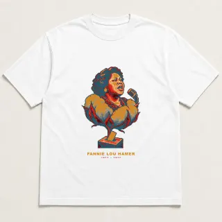 Front of a white tee with a four-color pixel-art design for Fannie Lou Hamer