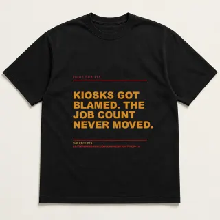 Front of a black tee reading "Kiosks got blamed. The job count never moved." with the Fight for $15 page address printed under it