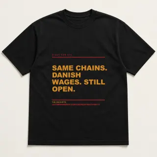 Front of a black tee reading "Same chains. Danish wages. Still open." with the Fight for $15 page address printed under it