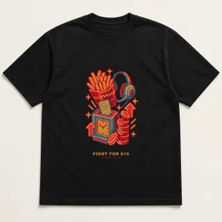 Front of a black tee with a four-color pixel-art design for Fight for $15