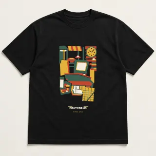 Front of a black tee carrying the cut paper modern Fight for $15 design