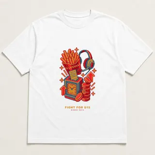 Front of a white tee with a four-color pixel-art design for Fight for $15