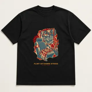 Front of a black tee with a three-color mixed-media design for Flint sit-down strike