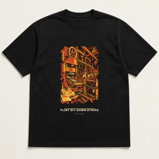 Front of a black tee carrying the civic modern Flint sit-down strike design