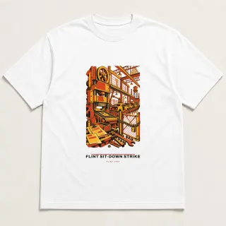 Front of a white tee carrying the civic modern Flint sit-down strike design