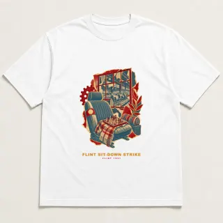 Front of a white tee with a three-color mixed-media design for Flint sit-down strike