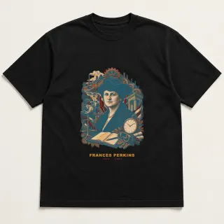 Front of a black tee with a two-color engraved design for Frances Perkins