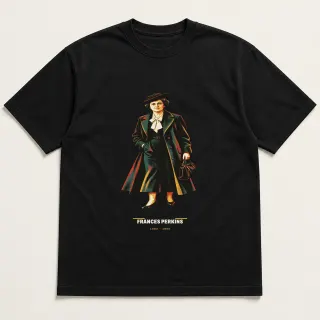 Front of a black tee carrying the mid-century Frances Perkins design
