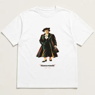 Front of a white tee carrying the mid-century Frances Perkins design