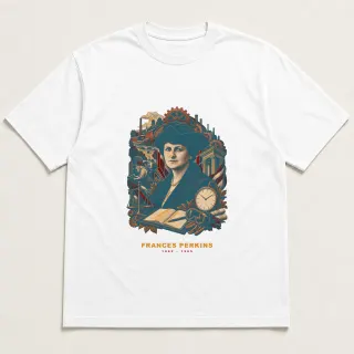 Front of a white tee with a two-color engraved design for Frances Perkins