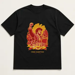 Front of a black tee with a three-color mixed-media design for Fred Hampton