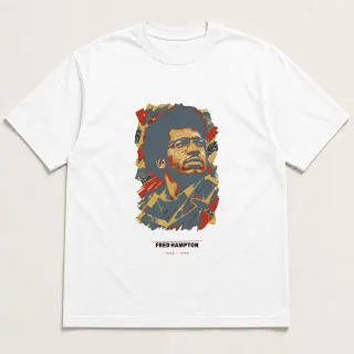 Front of a white tee carrying the archive collage Fred Hampton design
