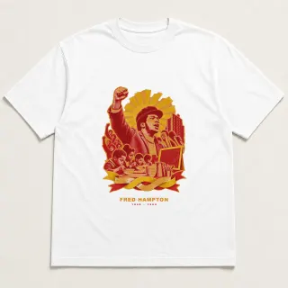 Front of a white tee with a three-color mixed-media design for Fred Hampton