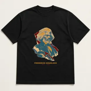 Front of a black tee with a three-color mixed-media design for Frederick Douglass