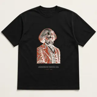 Front of a black tee carrying the neoclassical Frederick Douglass design