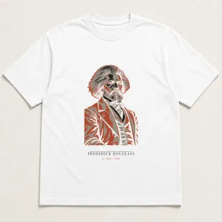 Front of a white tee carrying the neoclassical Frederick Douglass design