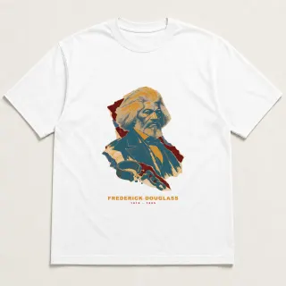 Front of a white tee with a three-color mixed-media design for Frederick Douglass