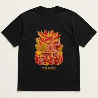Front of a black tee with a three-color mixed-media design for Free speech