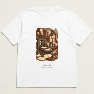 Front of a white tee carrying the light academia Free speech design