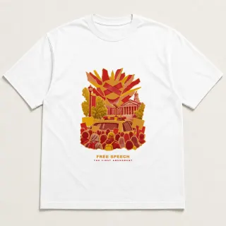 Front of a white tee with a three-color mixed-media design for Free speech