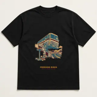 Front of a black tee with a two-color engraved design for Freedom Rides