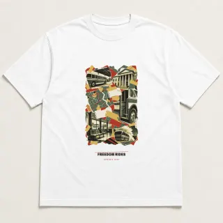 Front of a white tee carrying the scrapbook Freedom Rides design