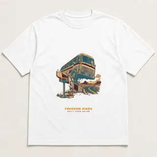 Front of a white tee with a two-color engraved design for Freedom Rides