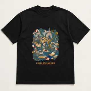 Front of a black tee with a three-color mixed-media design for Freedom Summer