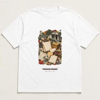 Front of a white tee carrying the scrapbook Freedom Summer design