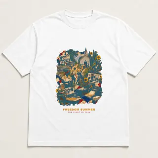 Front of a white tee with a three-color mixed-media design for Freedom Summer