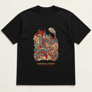 Front of a black tee with a three-color mixed-media design for General strike