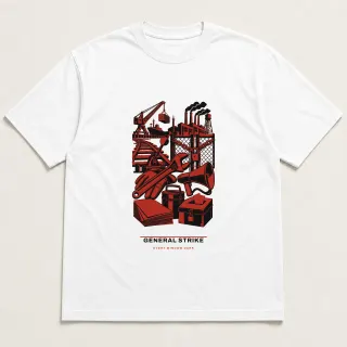 Front of a white tee carrying the utilitarian General strike design