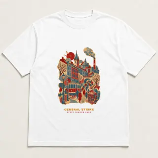 Front of a white tee with a three-color mixed-media design for General strike