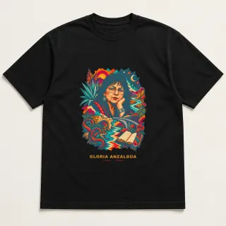 Front of a black tee with a four-color pixel-art design for Gloria Anzaldúa