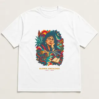 Front of a white tee with a four-color pixel-art design for Gloria Anzaldúa
