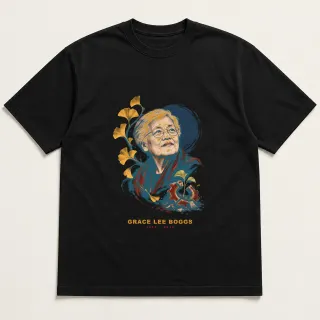 Front of a black tee with a two-color engraved design for Grace Lee Boggs