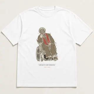 Front of a white tee carrying the wabi sabi Grace Lee Boggs design