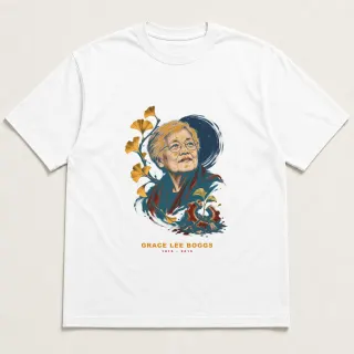 Front of a white tee with a two-color engraved design for Grace Lee Boggs