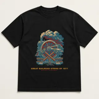 Front of a black tee with a four-color pixel-art design for Great Railroad Strike of 1877